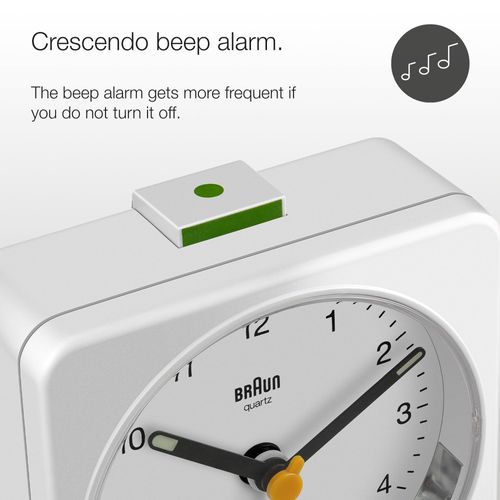 Braun Classic Analogue Alarm Clock with Snooze and Light, Quiet Quartz Sweeping Movement, Crescendo Beep Alarm in White, model BC03W.