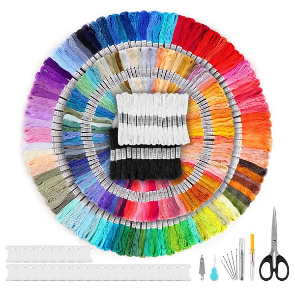 Embroidery Threads, 289 PCS Beginner Embroidery Kits Including 200 Colored Embroidery Floss and 30 Black and White Threads,30 Wire Plate,2 Needle Threads,Remover,Embroidery Needles and Scissors