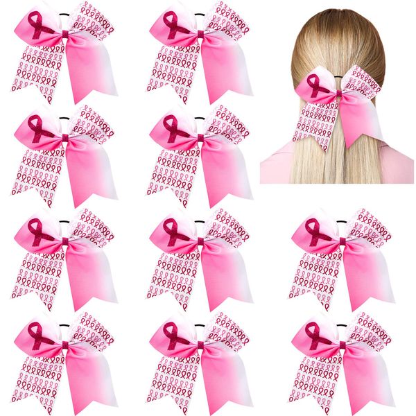 10 Pieces 7 Inch Pink Cheer Bows Breast Cancer Awareness Cheer Hair Bows Ponytail Holder Large Glitter Pink Ribbon Hair Bows Accessories Elastic Band Handmade for Teens Women (Stylish Style)