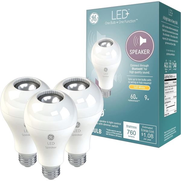 GE LED+ A21 LED Light Bulbs, Indoor Color Changing Wireless Bluetooth Speaker Lights with Remote, 9W, Soft White (3 Pack)