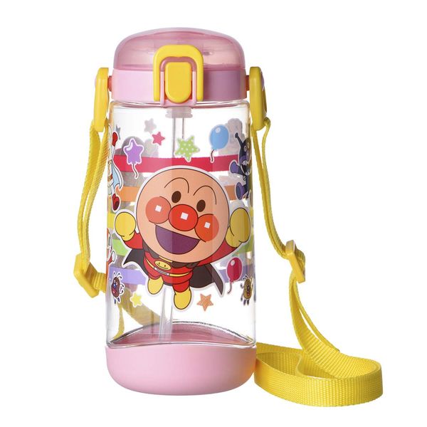 LEC Anpanman Clear Water Bottle, Straw Type, 15.9 fl oz (450 ml), One-touch Open, Pink