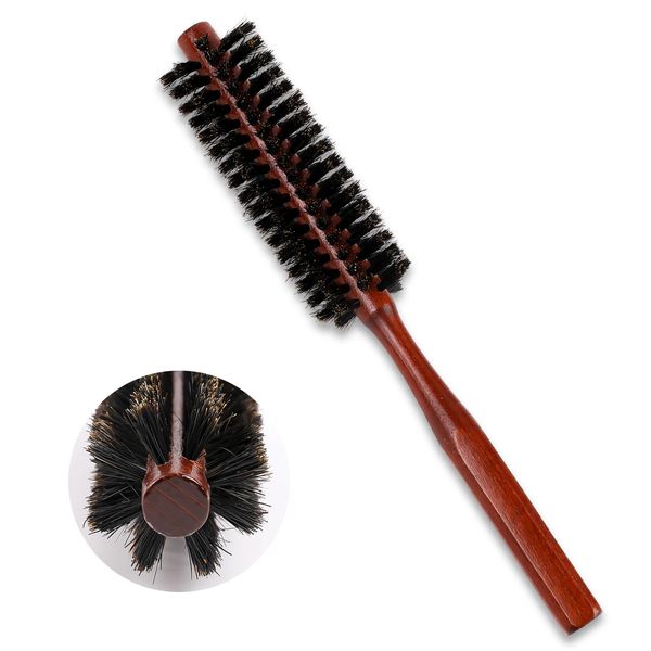 Small Round Brush,Natural Boar Bristle Round Brush Portable Bristle Hair Brush with Ergonomic Natural Wood Handle Mini Rolling Circular Hairbrush for Hair Drying, Styling, Curling, Adding Hair Volume