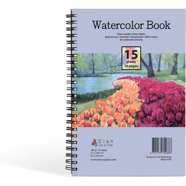 Elan Aquarellblock A5, 15 Blätt 300gsm 100% Baumwolle Papier Italienisch, Malblock mit Aquarellpapier A5, Aquarellbuch Spiralbindung Watercolorbook A5, Malblock mit 100% Baumwolle Artpapier für Malen