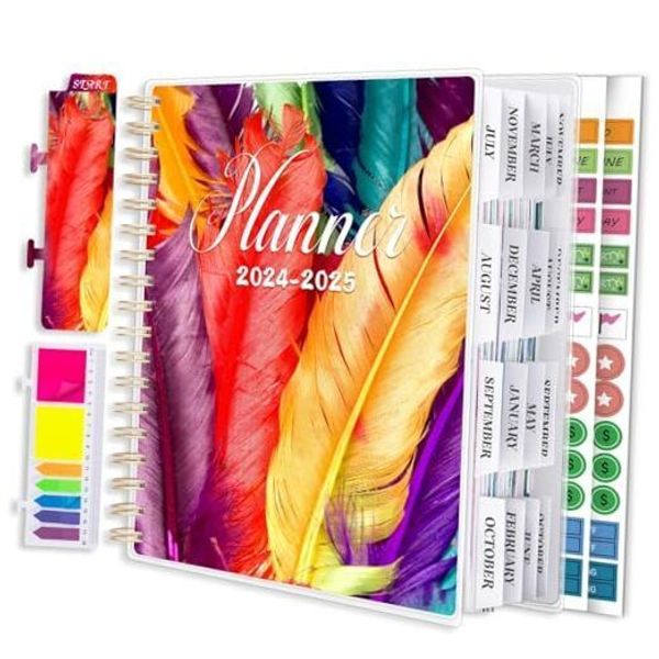 Planner 2024-2025 Planner with Bookmark, Sticky Note Set Dated Colorful Feather