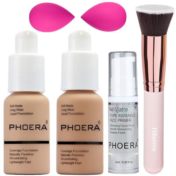 PHOERA Foundation & Primer Set, Full Coverage, Flat Top Kabuki Brushes & 2 Pcs Makeup Sponge (Buff Beige + Sand)