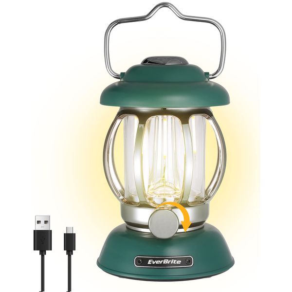 EverBrite Camping Lantern Rechargeable, Retro Metal Camping Light, 4400mAh Battery Powered Hanging Vintage Camping Lamp, 3 Light Modes, Outdoor Tent Light, Emergency Lantern for Power Outage - Green