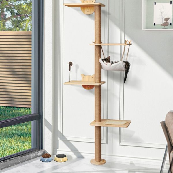 COZIWOW Wall Mounted Scratching Post 4-Tier Cat Climbing Tower Cat Perch Hammock