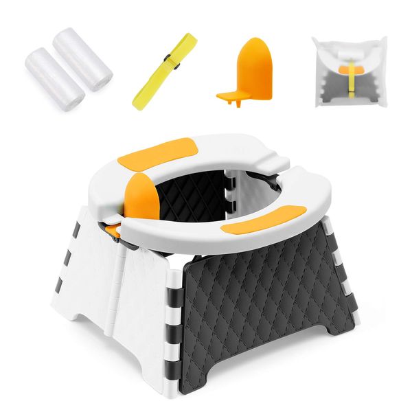 Toddler Portable Potty Training Seat for Kids Baby Foldable Toilet Child Travel Potty in Car Camping Potty Chair Seat for Indoor Outdoor, with 60 Disposable Bags