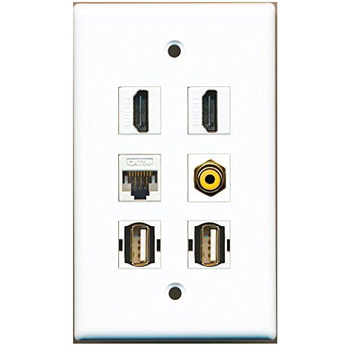 RiteAV - 2 HDMI 1 Port RCA Yellow 2 Port USB A-A 1 Port Cat5e Ethernet White Wall Plate