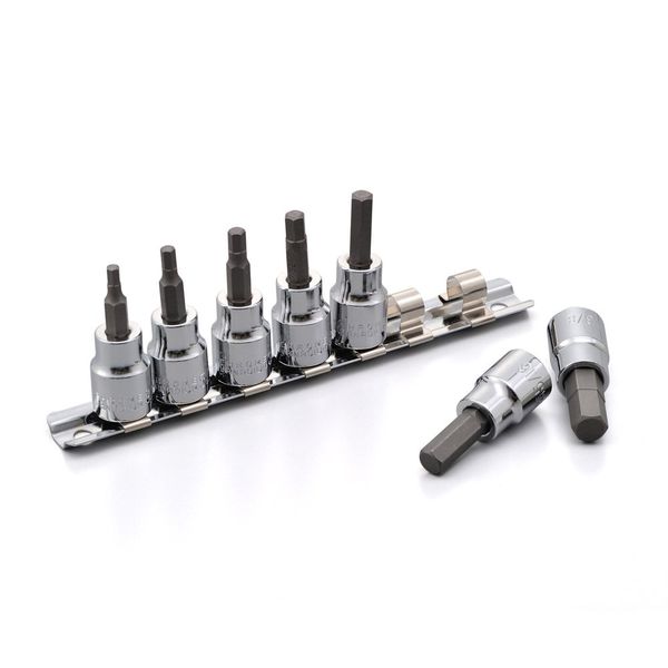 Daytona 97491 Motorcycle Tool Hex Socket Inch Short 3/8 Inch Drive Angle 7 Piece Set with Socket Rail