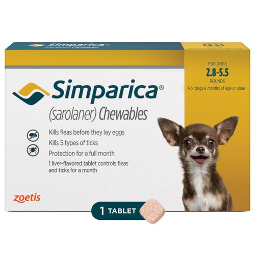 Simparica (sarolaner) Chewables for Dogs, 5 mg/tab, 2.8-5.5 lbs (Gold), 1 Tablet