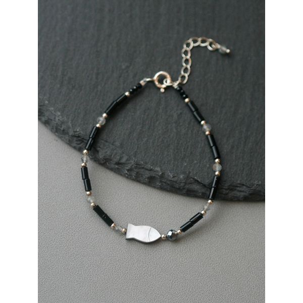 Silver 92.5 Black Mother of Pearl Fish &amp; Onyx Labradorite Natural Stone Terahertz Silver Bracelet