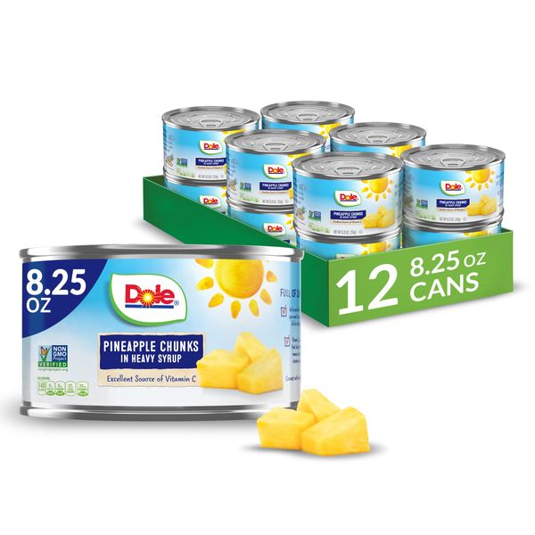 Dole Canned Fruit, Pineapple Chunks in Heavy Syrup, Gluten Free, Pantry Staples, 8.25 Oz, 12 Count, Packaging May Vary