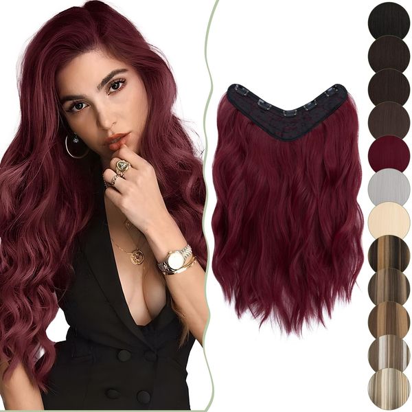 SEGO 18 Inch One Piece Clip in Hair Extensions U-Shaped Long Wavy Synthetic Curly One Piece Hairpieces With 5 Secure Clips, Wine Red