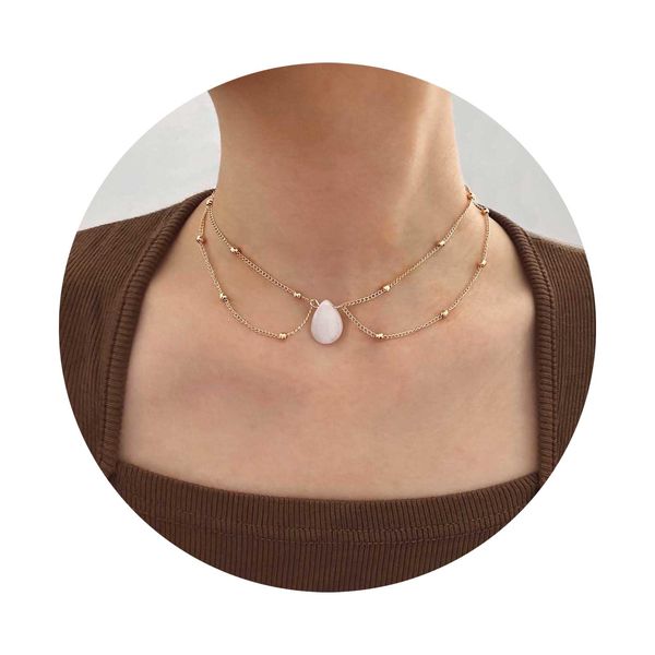 W WEILIRIAN Layered Teardrop Pendant Necklace Teardrop Natural Stone Necklace Teardrop Gemstone Necklace Chain White Teardrop Necklace Choker Silver Satellite Chain Necklace Jewelry for Women and Girls (Silver)