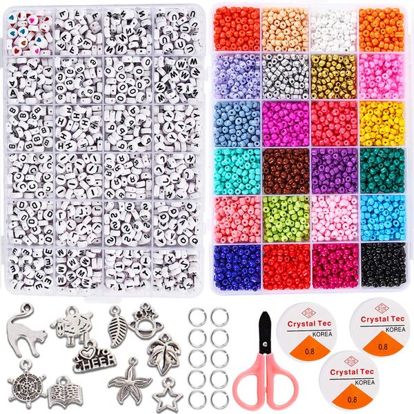 Goody King 4mm 5000pcs+ Beads for Jewelry Making Kit - Friendship Bracelet Making Kit Glass Seed Beads Craft Kit Set, Letter Alphabet DIY Arts and Crafts Birthday Xmas Gift for Her Kid Age 6 7 8