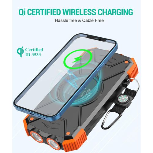 BLAVOR Solar Charger Power Bank, Real Rated 10,000mAh Portable Wireless Charger with USB C Input/Output for Cell Phones, External Battery Pack with Dual Flashlight for Camping (Orange)