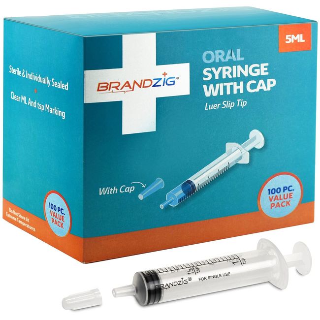 5ml Syringe With Cap (100 Pack) | Oral Dispenser Without Needle, Luer Slip Ti...