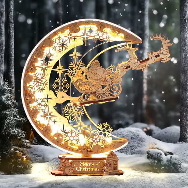 FUNPOLA LED 3D Wooden Puzzle Christmas Night Flight Moon Lamp, DIY Craft Kit Festive Nightlight for Holiday Décor, Unique for Adults and Kids,White