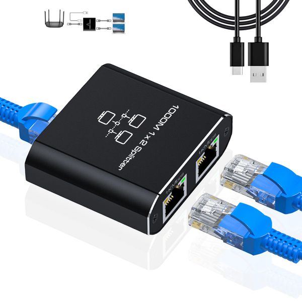 LIEZHUA Gigabit Ethernet Splitter 1 to 2 - Network Splitter with USB Power Cable, RJ45 Internet Splitter Adapter 1000Mbps High Speed for Cat 5/5e/6/7/8 Cable [2 Devices Networked Simultaneously]