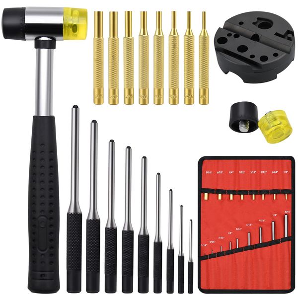 LFSEMINI Roll Pin Punch Set, 22pcs Removing Repair Tools, Including Universal Block, Brass Pin Punches, Steel Pin Punches and Hammer(Brass Pin Punches + Block)