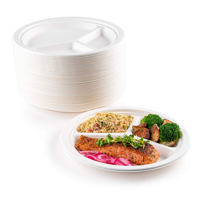 100% Compostable 9 Inch Heavy-Duty Plates 3 Compartment Eco-Friendly  Disposable Sugarcane Paper Plates