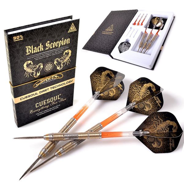 CUESOUL Black Scorpion 24g Tungsten Steel Tip Dart Set,Barrel with Golden Titanium Coated Finished