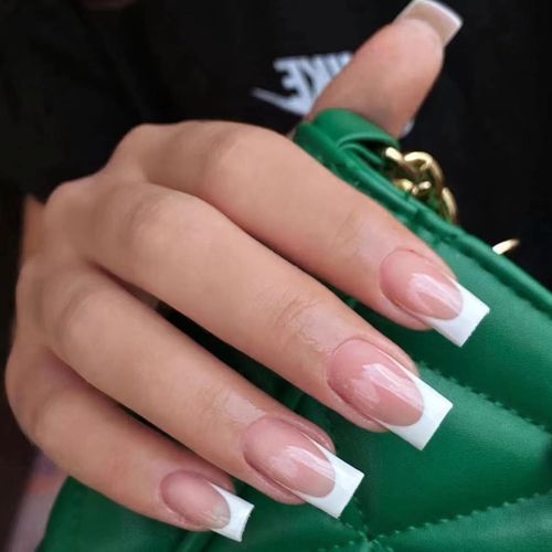 Unghie Finte Medio-Lungo 24Pcs Mouyou,Ballerina Nude Naturale Rosa Press on Nails con Colla,Bianche French White Acryl Fake Nails