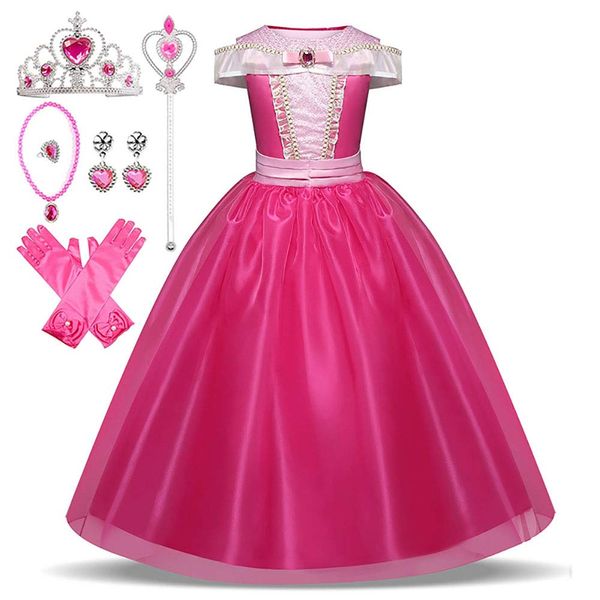 Princess Aurora Dress, Children’s, Princess Costume, Luxurious 7-Piece Set (Princess Dress, Heart Tiara, Magic Wand, Gloves, Necklace, Ring, Earrings), Pink, Size 120