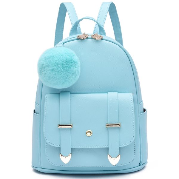 I IHAYNER Girls Fashion Backpack Mini Backpack Purse for Women Teenage Girls Purses PU Leather Pompom Backpack Shoulder Bag, Light Blue, Small