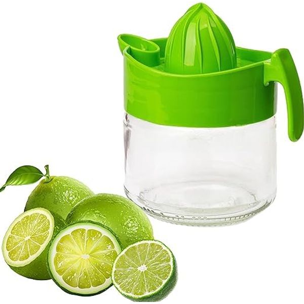 4All Manual Lemon Squeezer Non Electric Hand Press Fruit Juice Extractor BPA free Lemon Lime Orange Juicer Jug Glass Jar Base Handheld Citrus Press 300ml (Green)