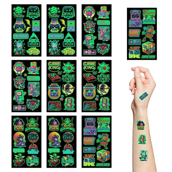 10 Sheet Gamer Temporary Tattoos Glow in Dark Video Game Stickers Gifts Game Button Gaming Stickers for Kids Classroom Rewards Gamer Birthday Party Supplies