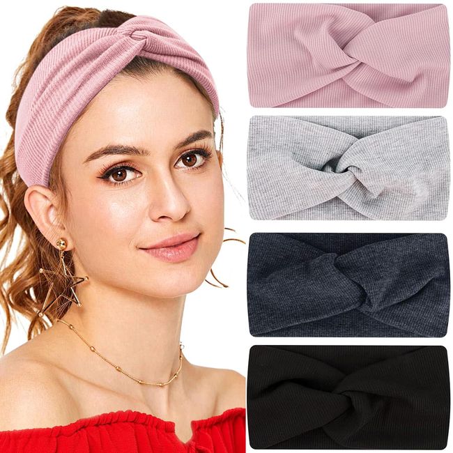 4 Stück Damen Stirnbänder Elastisch,Damen Stirnband Kopftuch,Sport Haarbänder Elastisch, Haarbänder für Fitness Sport Yoga Laufen(Schwarz/Grau/Pink)