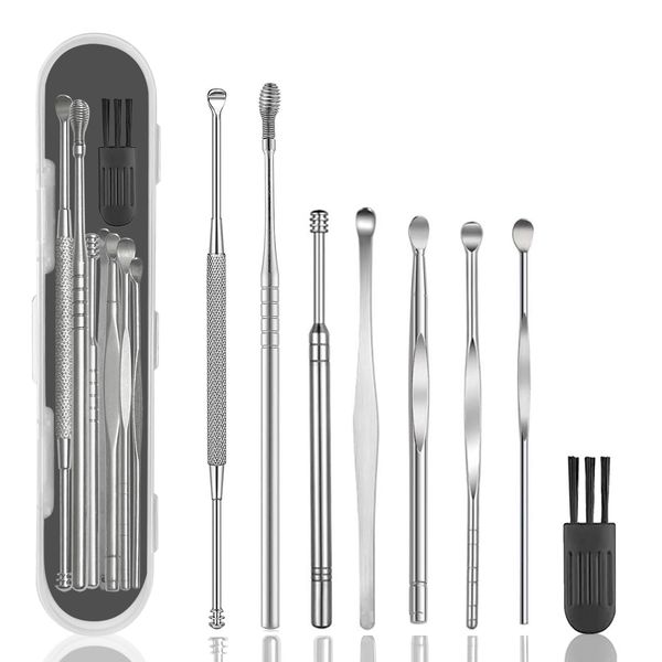 8 Pcs Ear Wax Removal kit,316L Stainless Steel Earwax Remover Tool,Professional Ear Cleaner Set with Cleaning Brush and Storage Box for Children and Adult(Silver)