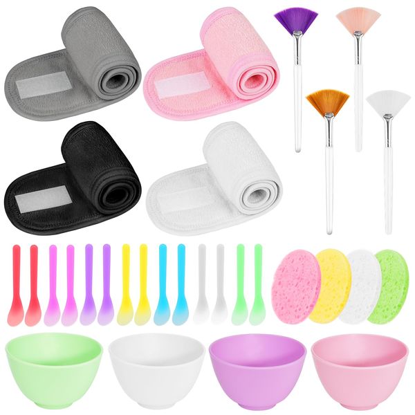 30PCS Esthetician Supplies for Facials Set 4 Spa Facial Headband 4 Silicone Facial Mask Mixing Bowl 4 Facial Mask Fan Brushes 4 Compressed Facial Sponges 14 Facial Spatula, Multicolor