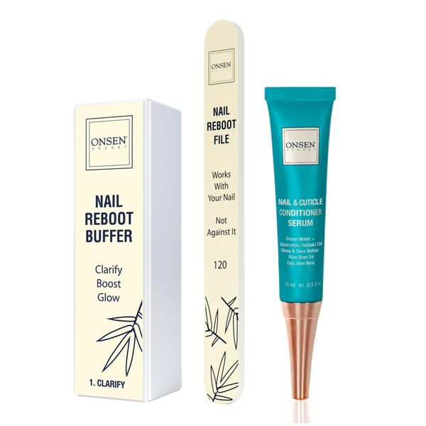 Onsen Secret Japanese Nail Sparkle-KIT, A 120/180 Grit Nail File, 3-Way Nail Buffer Block, Cuticle Serum with Cuticle Oil in Action-15ml, Optimum Nail Care Series