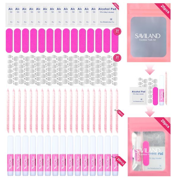 Saviland Press on Nail Tool Kit: 20PCS All In 1 Press on Nails Tools Sticky Adhesive Tabs Fake Nails Tools Mini Nail File Nail Glue Prep Pads Nail Art Tools Starter Nail Salon Gifts Carry Anywhere