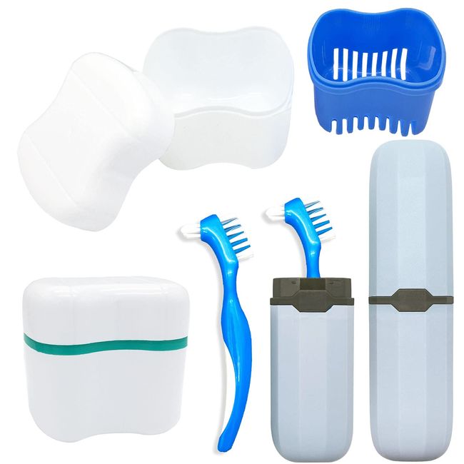 Denture Case Kit, 2 Denture Bath Cups with 2 Denture Brush & 2 Portable Toothbrush Box, Denture Brush Retainer Bath with Lid, Retainer Cleaning Denture Boxes, Toothbrush Kit for Travel