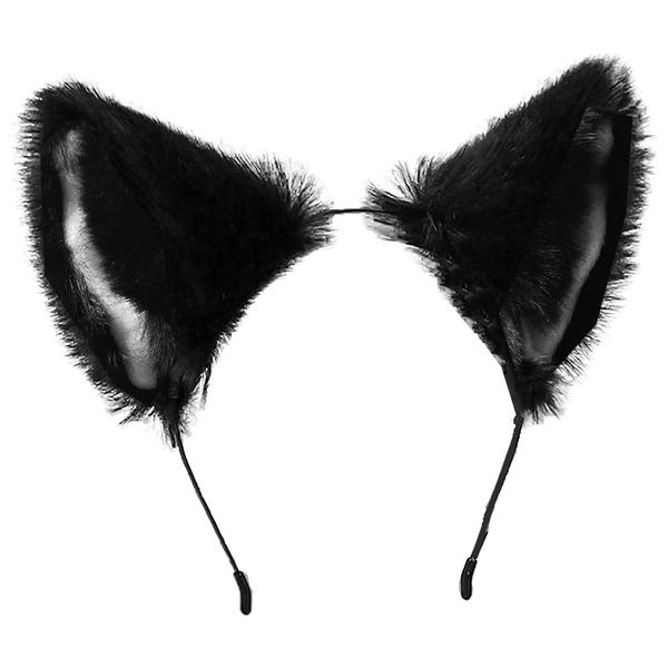 Huralona Faux Fur Cat Fox Ears Headband Flexible Hair Accessory Hairband Handmade Halloween Cosplay Costume Party Dress (S-Black White)