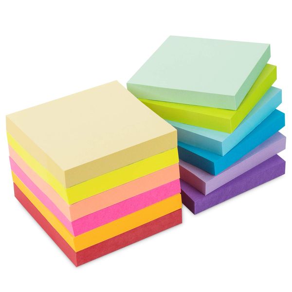 12 Stück Haftnotizen 76x76mm Super Sticky Notes selbstklebende Haftnotizzettel Sticky Notes Klebezettel bunt zettel farbig Notizblöcke für Büro Haus, 1200 Blatt insgesamt, 12 Farben