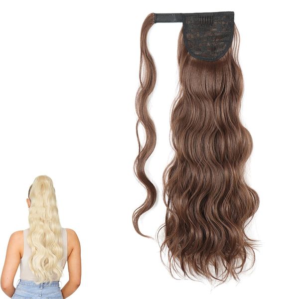 prinfantasy Wave Pony Tail Magic Paste One Piece Curly Wrap Around Ponytail Hair Extension Long Fluffy Synthetic Ponytails Brown, MW126