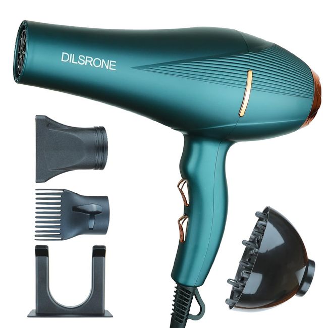 DILSRONE Professional 2200W Ionic Salon Hair Dryer with Diffuser and Attachments, Lightweight Travel AC Motor Constant Temperature Low Noise Curl Care Blow Dryers for Women Men (Green)