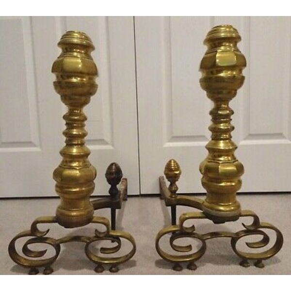 Vintage Solid Brass Andirons Chippendale Style Sheffield? Weighs 17 lb each