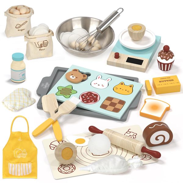 Lehoo Castle Play Food Set for Kids Kitchen, Play Kitchen Accessories Wooden, Kids Baking Set for Boys, Toys Cupcakes and Cookie Maker for Kids, Preschool Cooking Toys for Toddlers Boys Girls Ages 3+