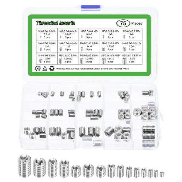 sourcing map 75Pcs Threaded Inserts, 10 Sizes Stainless Steel 303 Screw Thread Sleeves Thread Repair Insert for Mechanical Equipment