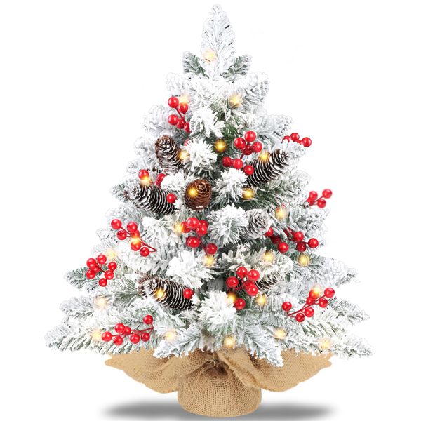 24 Inch Snow Flocked Pre-lit Christmas Tree Tabletop Decor with 50 Warm Lights Timer 8 Modes Battery Operated Artificial Small Christmas Tree 70 Red Berries Pinecones Christmas Decorations Home Indoor