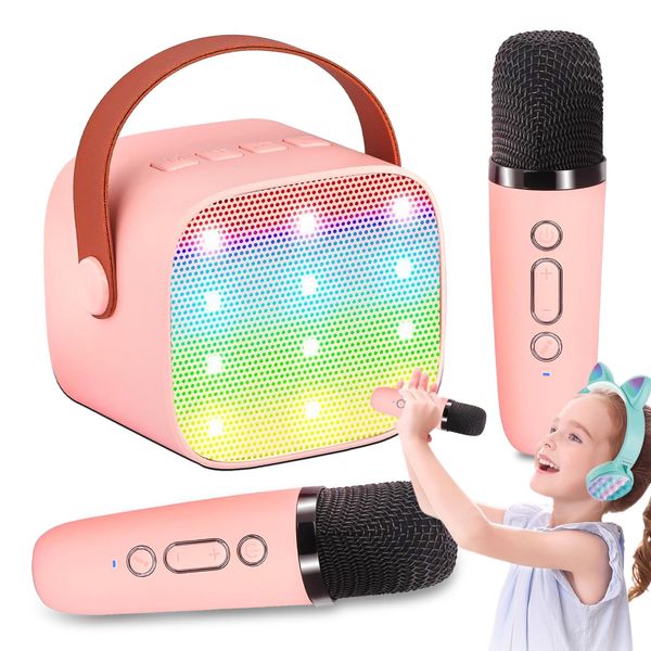 Mini Karaoke Machine for Kids Adults, Portable Karaoke Machine,Bluetooth Speaker with 2 Wireless Microphones and LED Lights, Birthday Gifts for Girls Ages 4, 5, 6, 7, 8, 9, 10, 12+ (Pink)