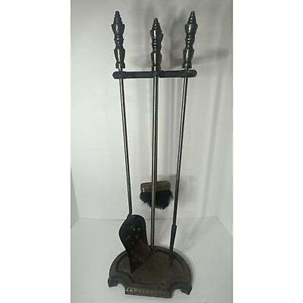 Vintage Brass Fireplace Mantel Accessory Shovel Poke Broom & Stand 4-piece Set