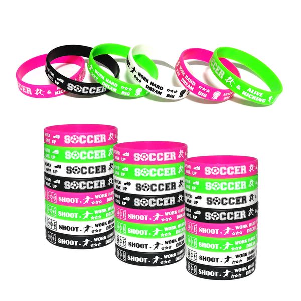 BignzwUra 24 PCS Soccer Motivational Silicone Wristbands Bracelets Bulk for Baby Shower/Events/Carnival/Birthday Party Favors Supplies Decorations Goodie Bag Favor Stuffers