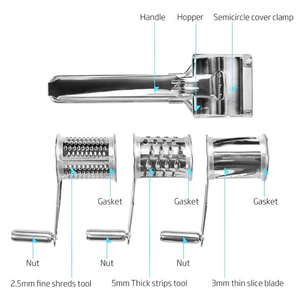 ZPSHYD Hand Crank Stainless Steel Rotary Cheese Grater Set - with Coarse Grater/Fine Grater/Slice Drum Grater - for Parmesan Cheese,Garlic and More